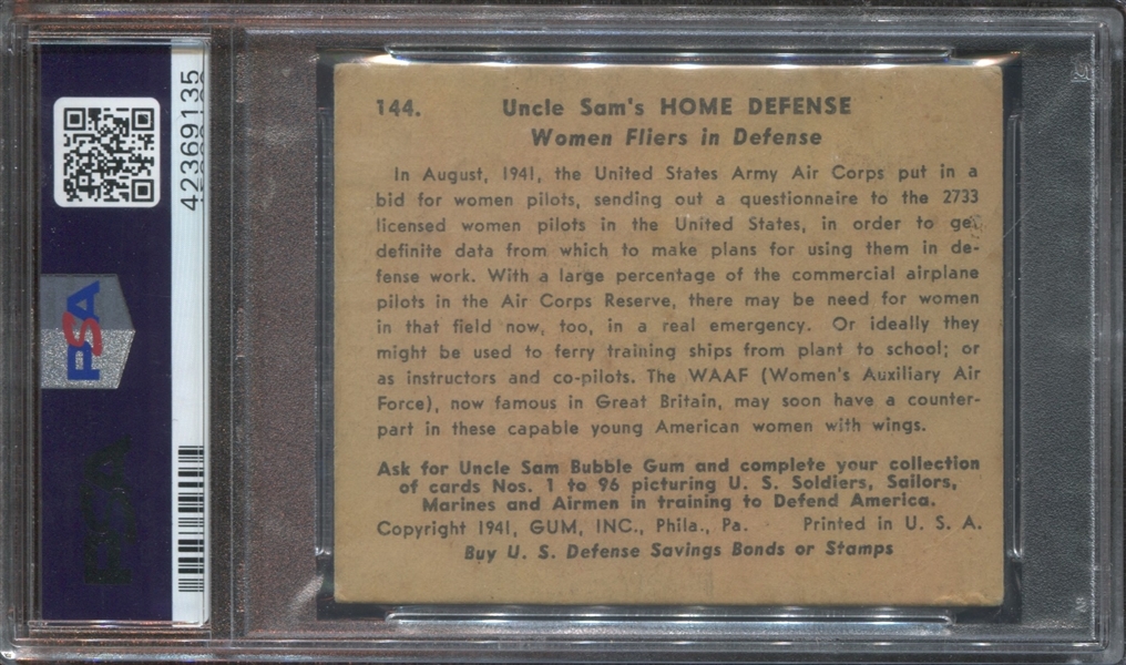 R158 Gum Inc Uncle Sam's Home Defense #144 Woman Fliers PSA4 VG-EX Tough Last Card