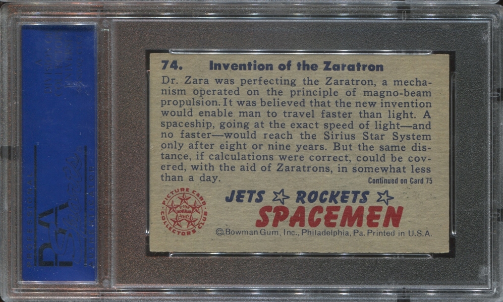1951 Bowman Jets, Rockets Spacemen #74 Invention of the Zaratron PSA7 NM