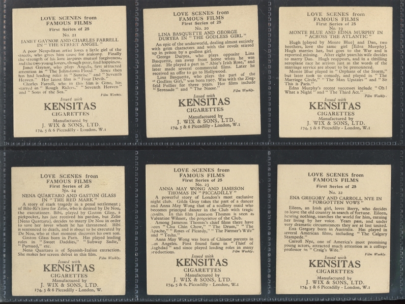 1932 Wix/Kensitas Love Scenes from Famous Films, Lg. Complete Set of (25) Cards