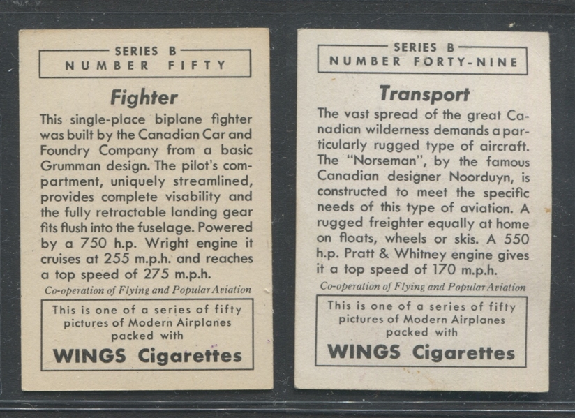 T87 Wings Cigarettes Airplanes Set B Complete Set of (50) Cards