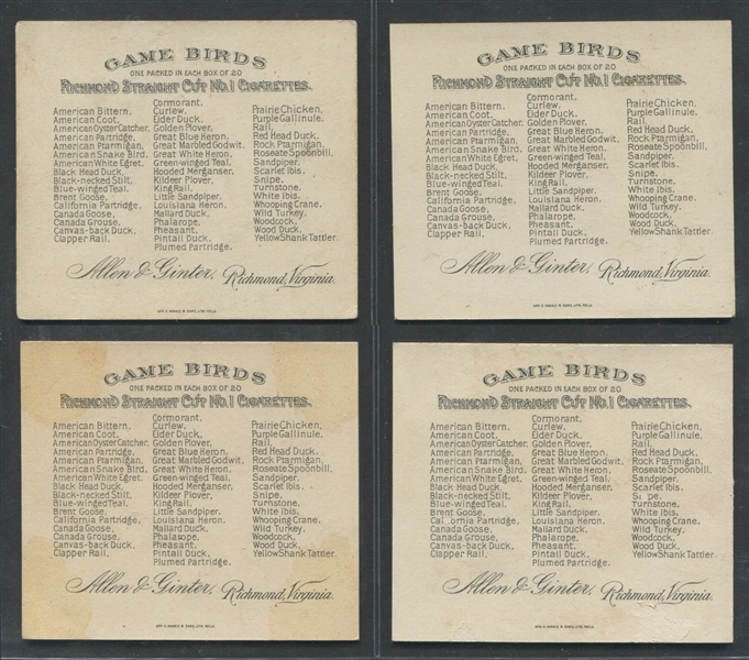 N40 Allen & Ginter Game Birds (Large Format) Lot of (8) Cards