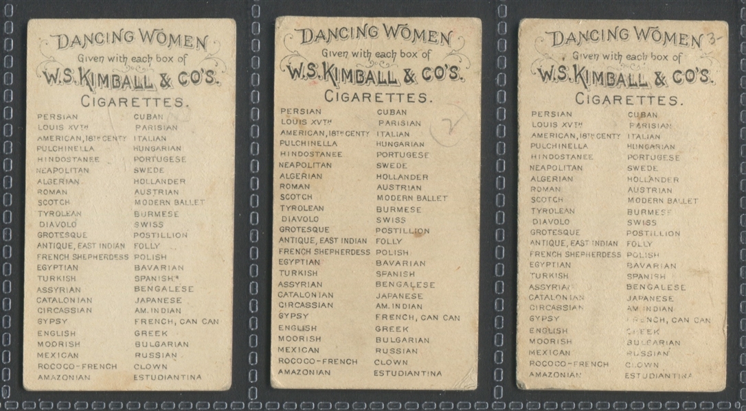 N186 Kimball Tobacco Dancing Women Lot of (3) Cards