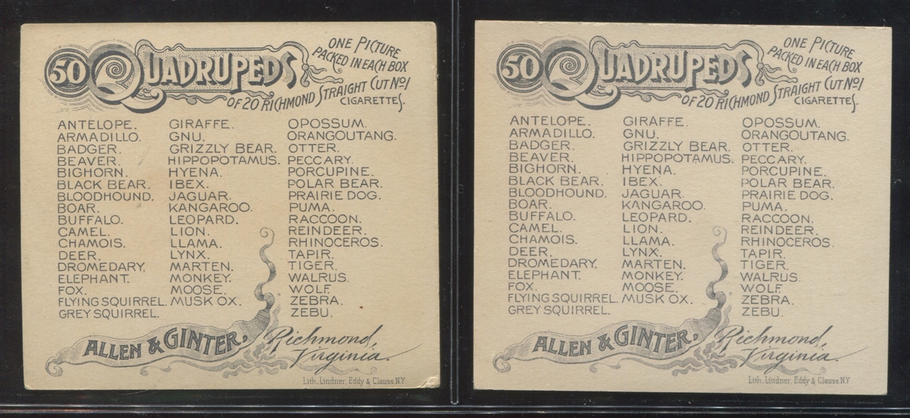 N41 Allen & Ginter Quadrupeds Lot of (10) Cards
