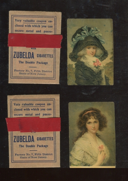 T304/PX108 Zubelda Cigarettes Paintings on Convex Tin Lot of (2) With Envelopes