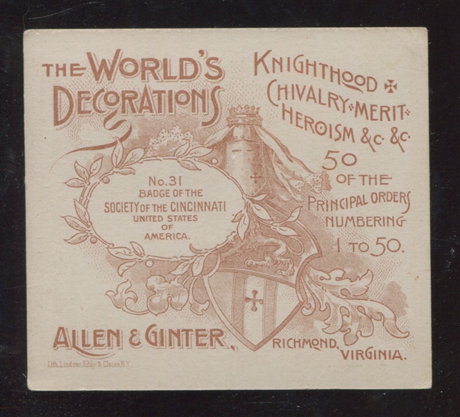 N44 Allen & Ginter World's Decorations #31 Badge of the Society of the Cincinnati