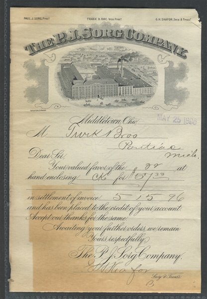 1880's/1890's P.J. Sorg Tobacco Company Billhead and Trade Card