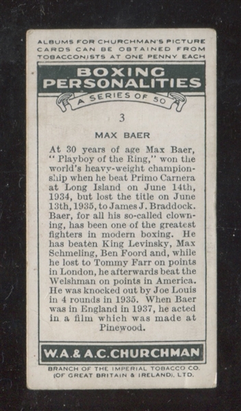 1938 W.A. Churchman Boxing Personalities #3 Max Baer