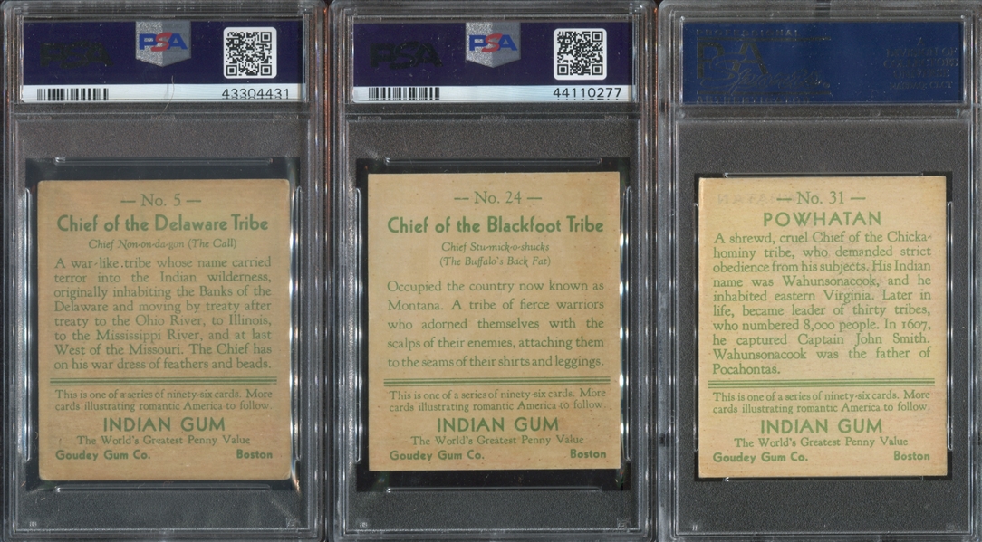 R73 Goudey Indian Gum Lot of (3) PSA-Graded Series of 96 Cards