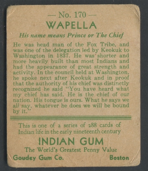 R73 Goudey Indian Gum #170 Wapella Series of 288