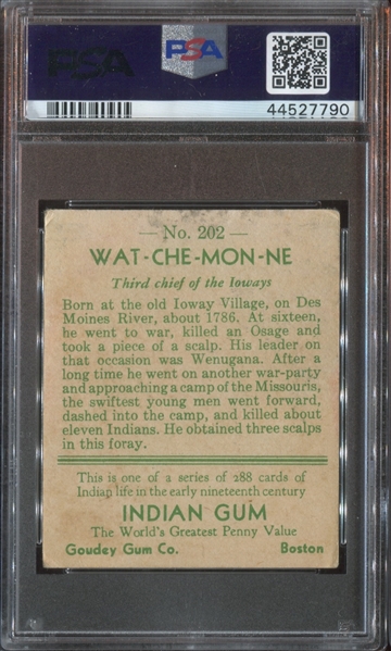 R73 Goudey Indian Gum #202 Wat-Che-Mon-Ne Series of 288 PSA2