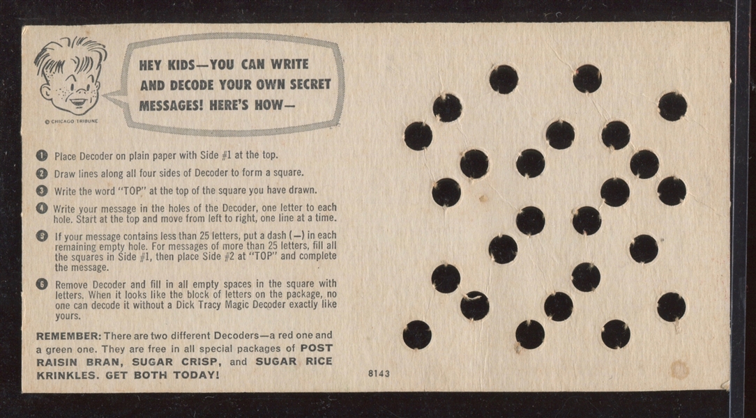 1950s Kellogg's Dick Tracy Crimestoppers Decoder Card 