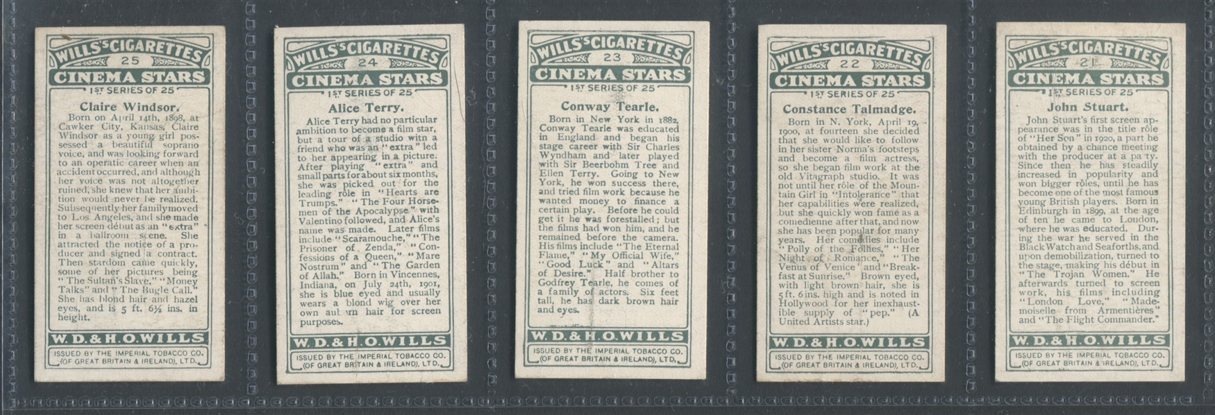 1928 Wills Cinema Stars - 1st Series Complete Set (25) - Featuring William Boyd, Tom Mix