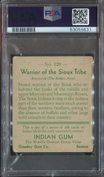 R73 Goudey Gum Indian Gum #120 Warrior of the Sioux Tribe PSA2 Good (Series 288)