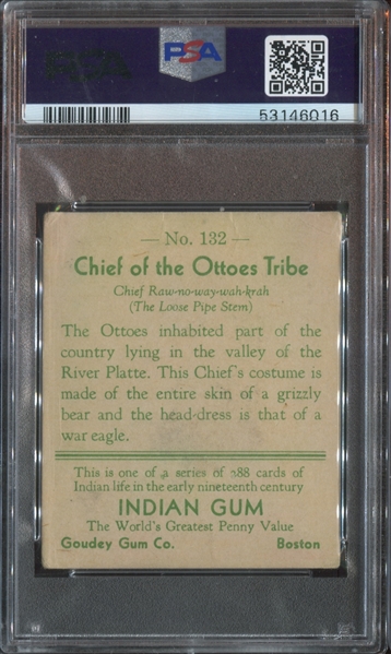R73 Goudey Gum Indian Gum #132 Chief of the Ottoes Tribe PSA2.5 Good+ (Series 288)