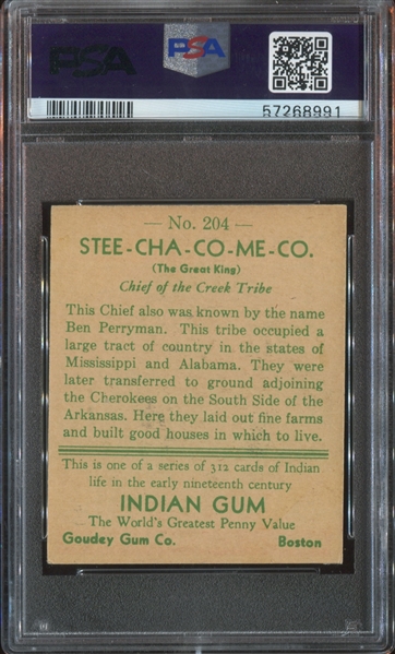 R73 Goudey Gum Indian Gum #204 Stee-Cha-Co-Me-Co PSA4 VG-EX (Series 312)