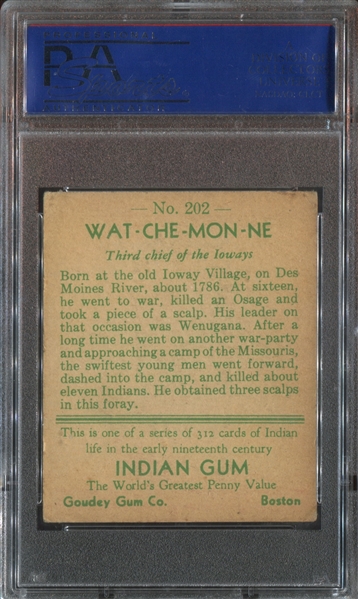 R73 Goudey Gum Indian Gum #202 Wat-Che-Mon-Ne PSA4 VG-EX (Series 312)