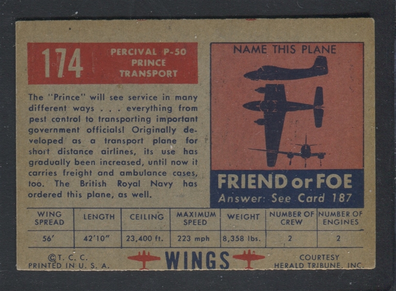 1952 Topps Wings #174 EX Percival P-50 Prince Transport