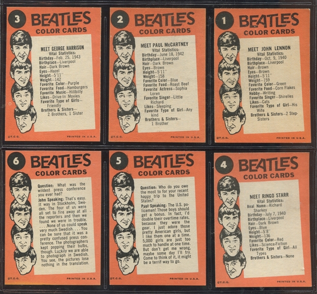 1964 Topps Beatles Color Series Complete Set of (64) Cards