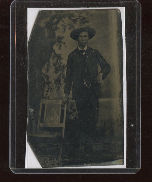 Incredible 1880's Tintype Picturing Man with Arm on Duke Tobacco Advertising Chair