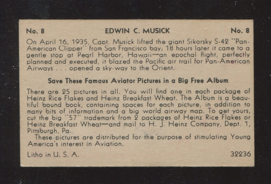 F277-4 Heinz Rice Flakes Famous Aviators TOUGH CARD #8 Edwin Musick