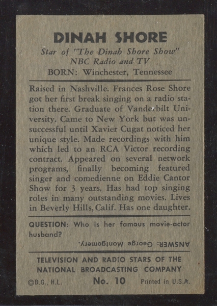 1953 Bowman “TV & Radio Stars of NBC” #10 Dinah Shore EX