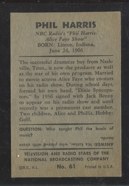 1953 Bowman “TV & Radio Stars of NBC” #61 Phil Harris EX+