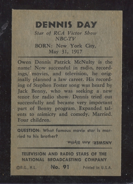 1953 Bowman “TV & Radio Stars of NBC” #91 Dennis Day EX-MT