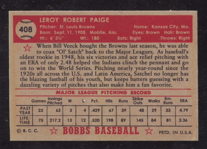 1952 Topps Baseball Format Bob Lemke Creation - Satchel Paige #408