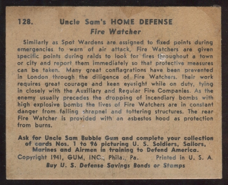 R158 Gum Inc Uncle Sam's Home Defense #128 Fire Watcher TOUGH HIGH NUMBER