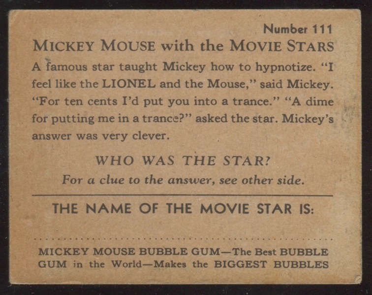 R90 Gum Inc Mickey Mouse with Movie Stars #111 Lionel Barrymore Higher Grade Type