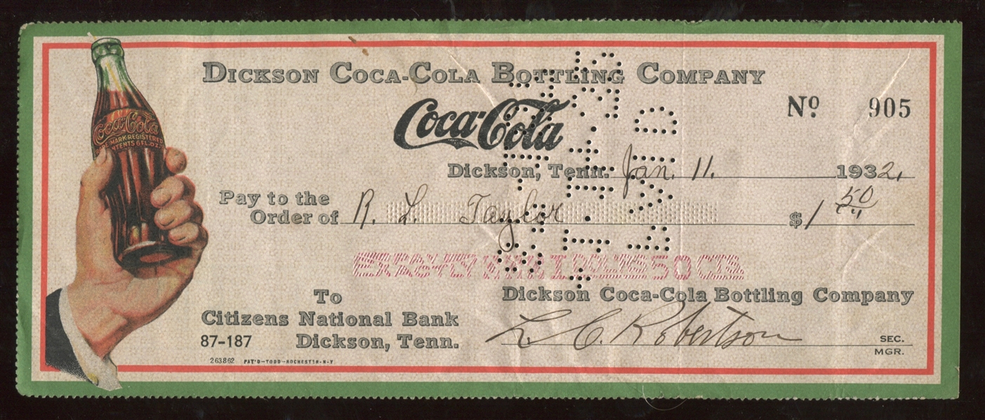 1932 Coca-Cola Colorful Bank Check