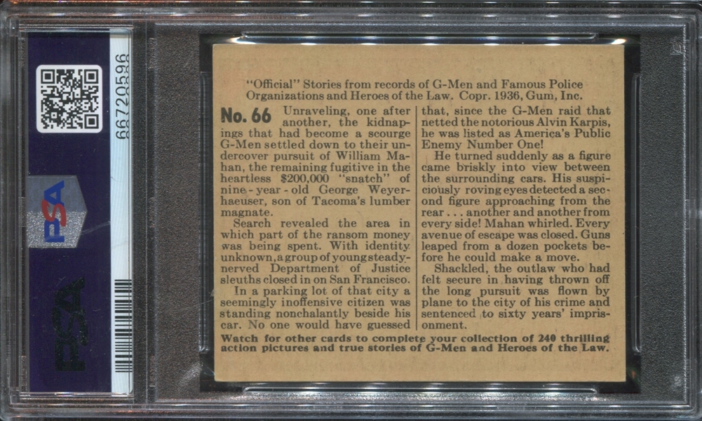 R60 Gum Inc G-Men and Heroes of the Law #66 Snatch Case PSA6 EX-MT
