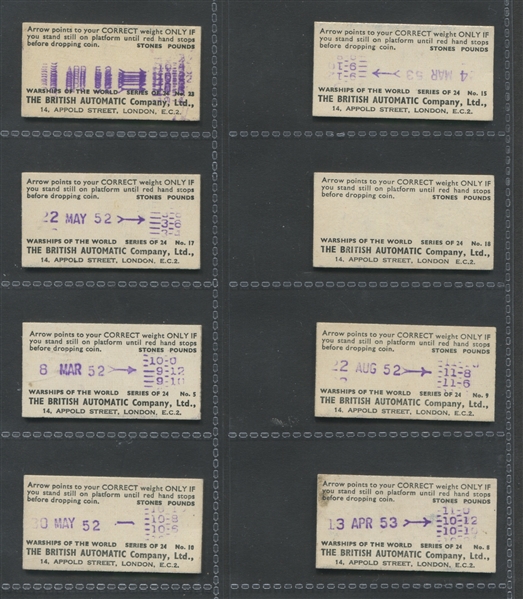 1950's British Automated Weight Machine Cards Lot of (11) With Warships, Airplanes and Golfer
