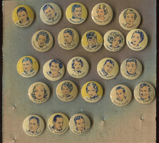 Great 1930's Button Gum Movie Stars Near Set (23/25) Pinbacks