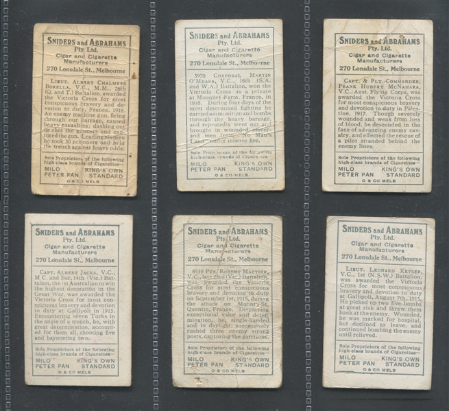 1919 Sniders & Abraham – Australian Officers VC's “C” Lot of (6) Cards