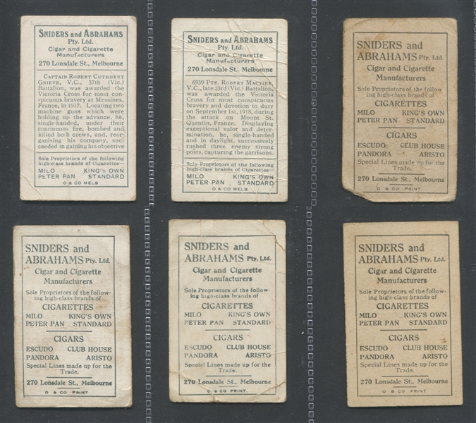 1919 Sniders & Abraham – Australian Officers & VC's Lot of (6) Cards