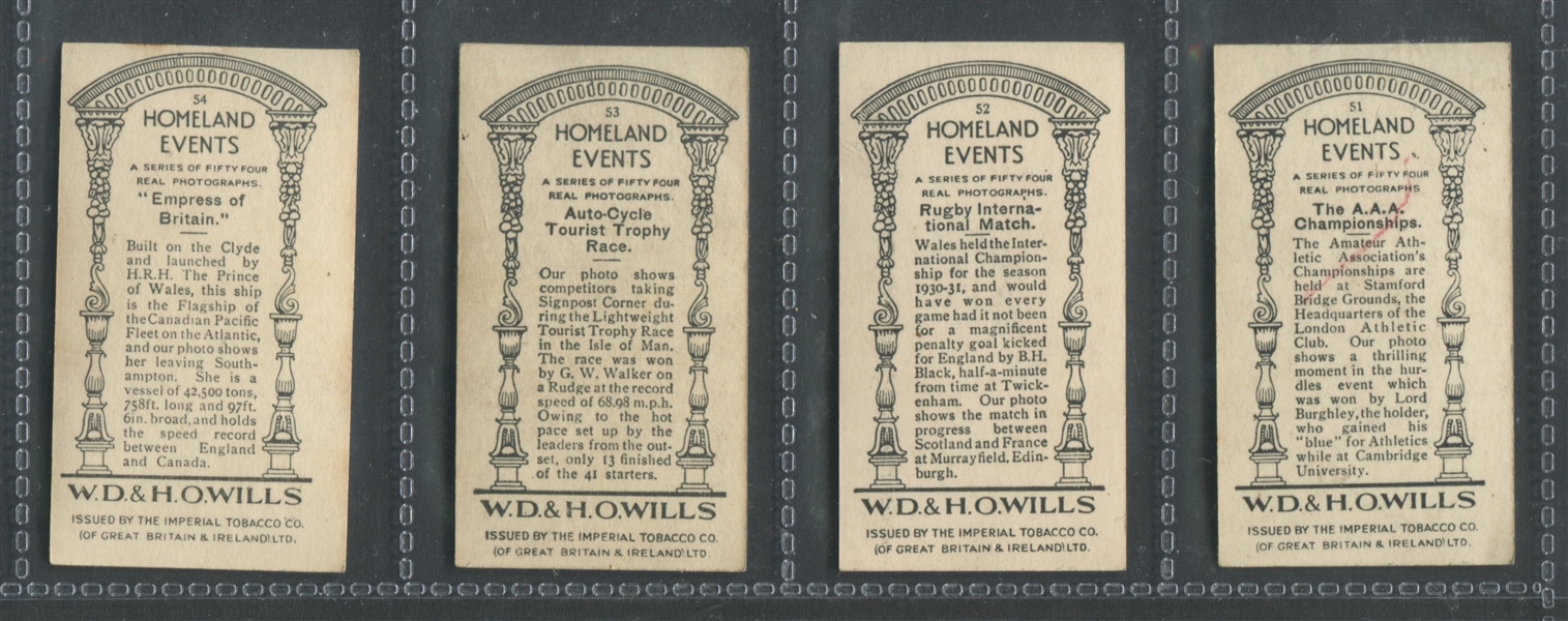 1932 Wills – Homeland Events Complete Set of (54) Cards