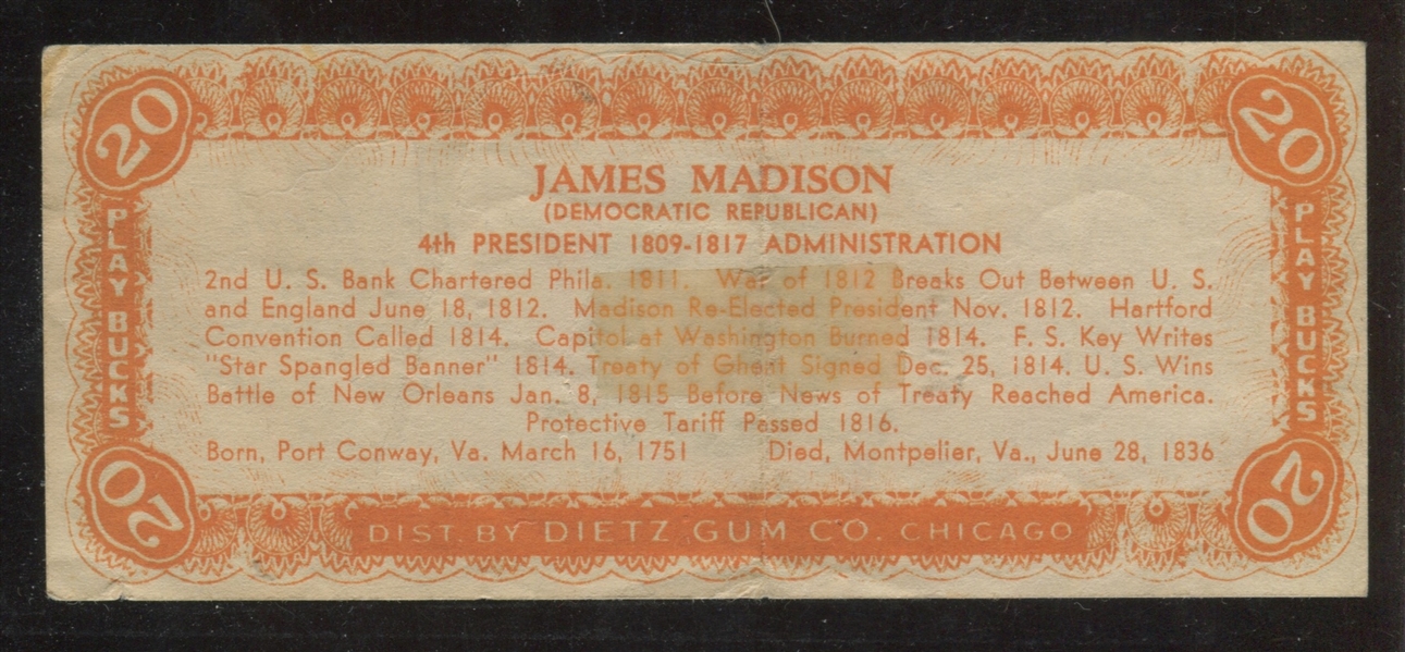 R118 Dietz Gum President Play Bucks James Madison $20 Bill