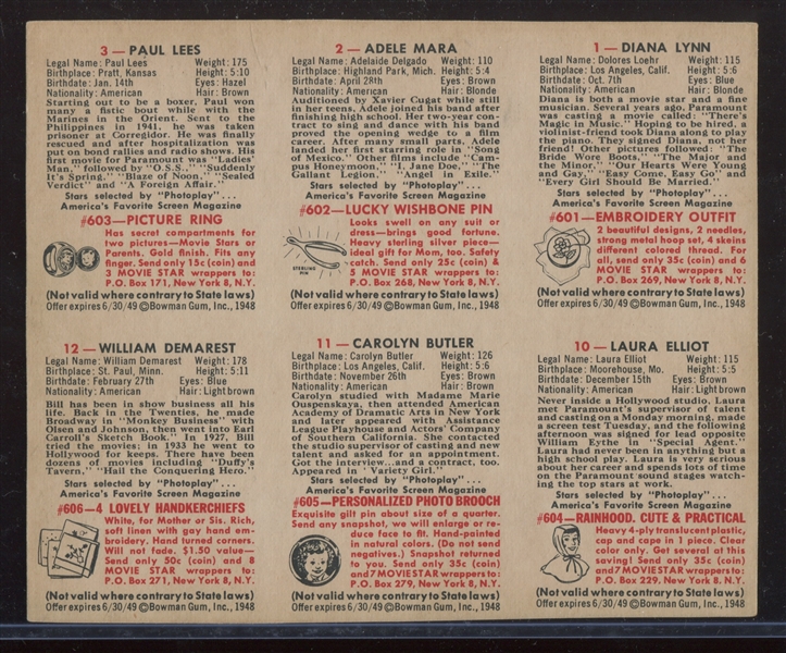 1948 Bowman Movie Stars Complete Set of (36) on (6) Card Panels