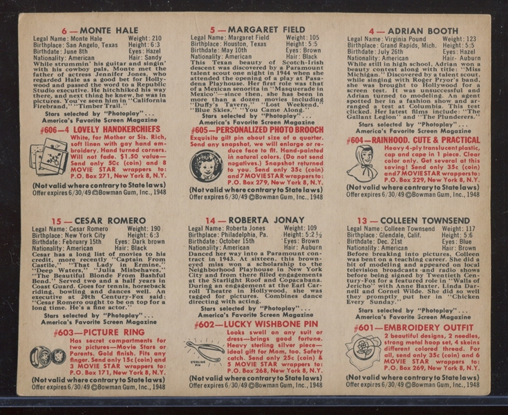 1948 Bowman Movie Stars Complete Set of (36) on (6) Card Panels