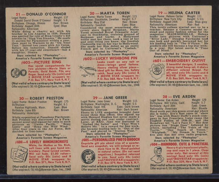 1948 Bowman Movie Stars Complete Set of (36) on (6) Card Panels