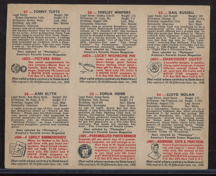 1948 Bowman Movie Stars Complete Set of (36) on (6) Card Panels