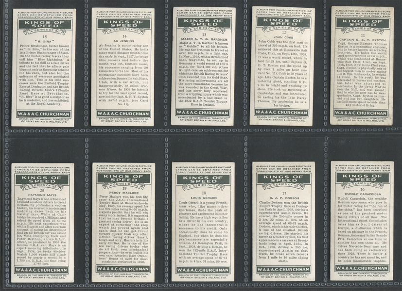 1939 Churchman Kings of Speed Complete Set of (50) Cards with Owens/Hughes