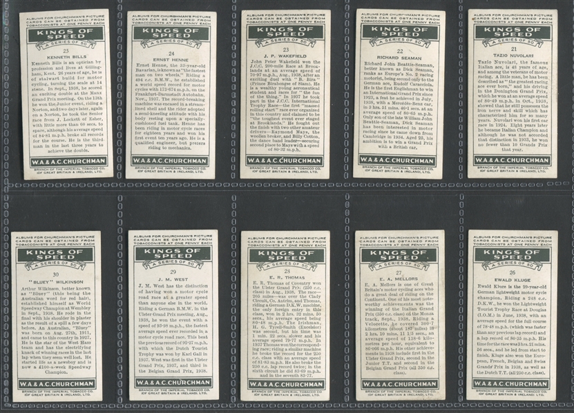 1939 Churchman Kings of Speed Complete Set of (50) Cards with Owens/Hughes