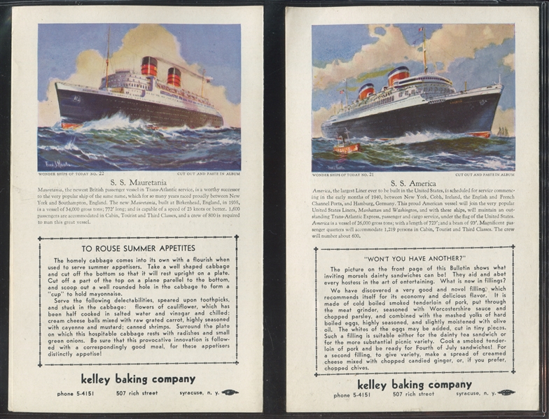 D90 Kelley Baking Company Wonder Ships Lot of (10) Bulletins