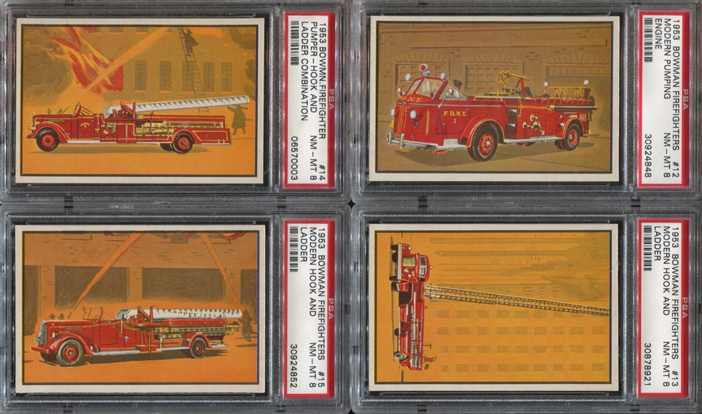 1953 Bowman Fire Fighters Lot of (4) PSA8 NM-MT Graded Cards