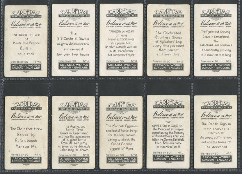 1934 Carreras Cigarettes Believe It or Not Complete Set of (50) Cards