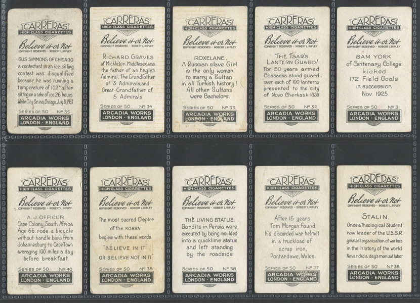 1934 Carreras Cigarettes Believe It or Not Complete Set of (50) Cards