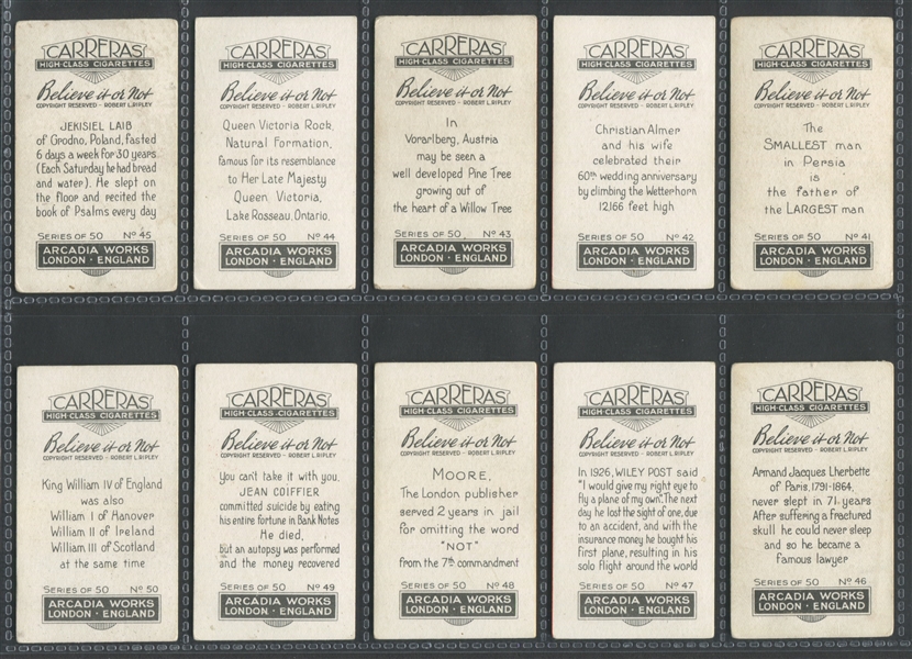 1934 Carreras Cigarettes Believe It or Not Complete Set of (50) Cards