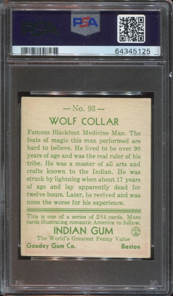 R73 Goudey Gum Indian Gum #93 Wolf Collar PSA4 VG-EX